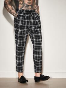 Manfinity Men Plaid Drawstring Waist Trousers - Black and White - View 3