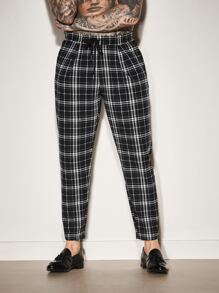 Manfinity Men Plaid Drawstring Waist Trousers - Black and White - View 5