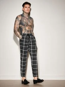 Manfinity Men Plaid Drawstring Waist Trousers - Black and White - View 6