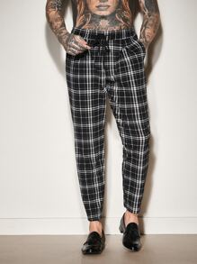 Manfinity Men Plaid Drawstring Waist Trousers - Black and White - View 7