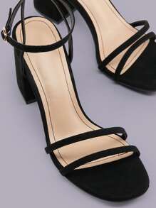 女士極簡粗跟踝帶優雅黑色仿麂皮高跟涼鞋