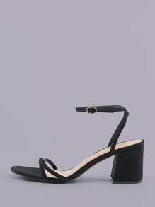 女士極簡粗跟踝帶優雅黑色仿麂皮高跟涼鞋