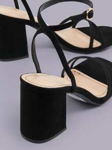 女士極簡粗跟踝帶優雅黑色仿麂皮高跟涼鞋