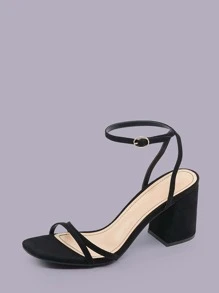 女士極簡粗跟踝帶優雅黑色仿麂皮高跟涼鞋