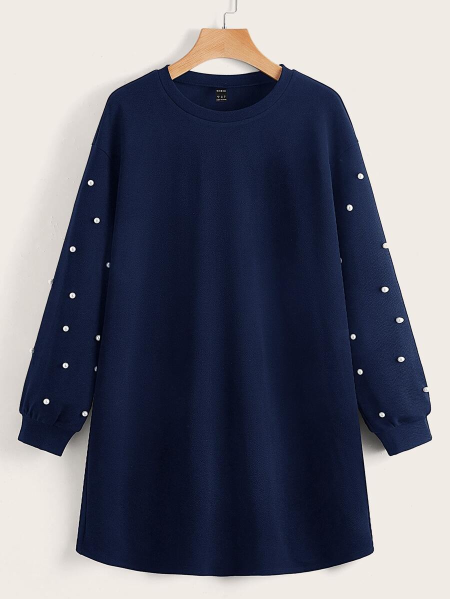 SHEIN LUNE Drop Shoulder Pearls Beaded Dress - Navy Blue - View 1