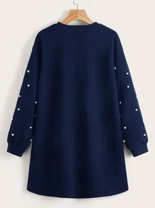 SHEIN LUNE Drop Shoulder Pearls Beaded Dress - Navy Blue - View 2