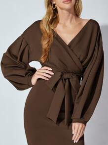 SHEIN Tall 交疊領落肩袖繫腰帶洋裝 - 咖啡棕 - 查看 3