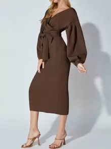 SHEIN Tall 交疊領落肩袖繫腰帶洋裝 - 咖啡棕 - 查看 5