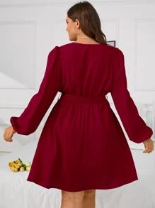 SHEIN Clasi 大碼交疊領燈籠袖繫腰帶連衣裙 - 酒紅色 - 查看 2