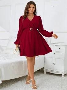 SHEIN Clasi 大碼交疊領燈籠袖繫腰帶連衣裙 - 酒紅色 - 查看 3
