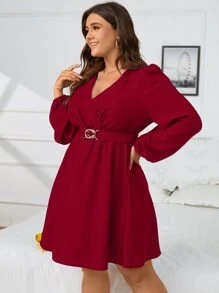 SHEIN Clasi 大碼交疊領燈籠袖繫腰帶連衣裙 - 酒紅色 - 查看 4