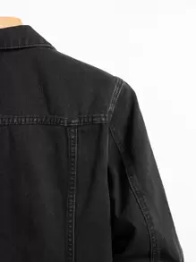 Manfinity Homme Men Long Sleeve Flap Pocket Regular Dark Plain Denim Jacket Without Tee For Friends Going Out Hang Out Work Commute Street , Fall - Black - View 4