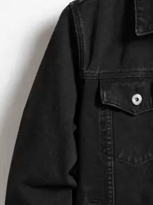 Manfinity Homme Men Long Sleeve Flap Pocket Regular Dark Plain Denim Jacket Without Tee For Friends Going Out Hang Out Work Commute Street , Fall - Black - View 6