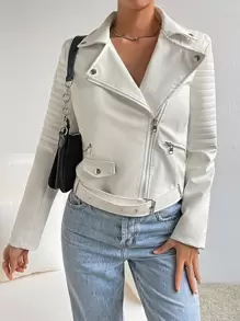 SHEIN Essnce Lapel Collar Belted Zip Up PU Moto Jacket In Fall/Winter - White - View 6