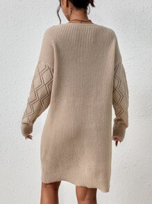 SHEIN Frenchy Drop Shoulder Pointelle Knit Guipure Lace Jumper Dress Without Belt - Apricot - View 2