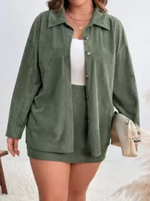 Flirla Bộ thời trang Plus Size Nút phía trước màu trơn Giải trí - xanh quân đội - Xem 1