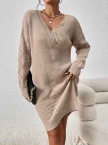 SHEIN Frenchy Drop Shoulder Pointelle Knit Guipure Lace Jumper Dress Without Belt - Apricot - View 4