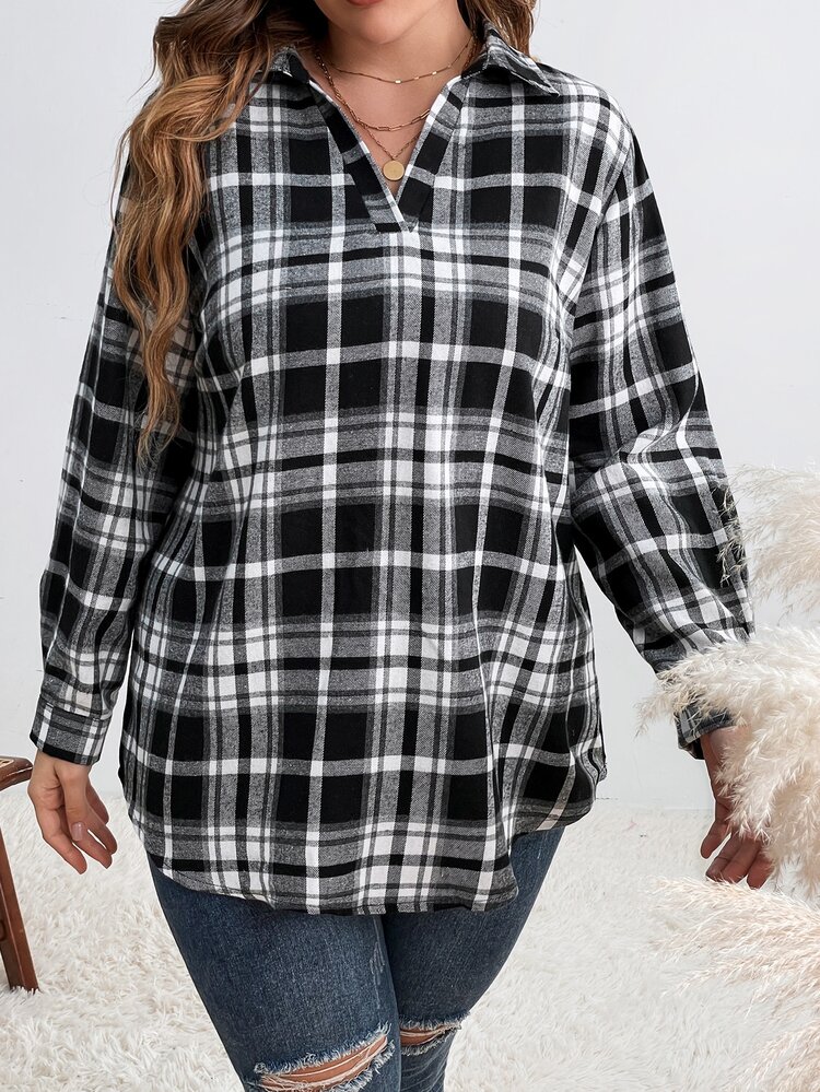 Blusa con estampado de cuadros - Blanco y Negro - Añade 1