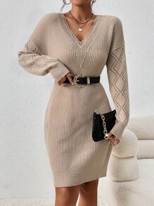 SHEIN Frenchy Drop Shoulder Pointelle Knit Guipure Lace Jumper Dress Without Belt - Apricot - View 5