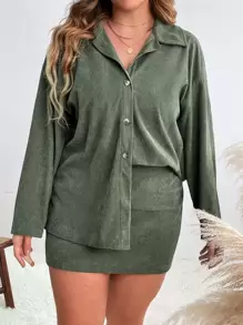 Flirla Bộ thời trang Plus Size Nút phía trước màu trơn Giải trí - xanh quân đội - Xem 5