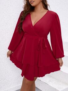 Celure Vestido con cinturón de manga farol escote cruzado bajo a capas - Burdeos - Ver 5