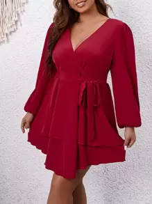 Celure Vestido con cinturón de manga farol escote cruzado bajo a capas - Burdeos - Ver 6