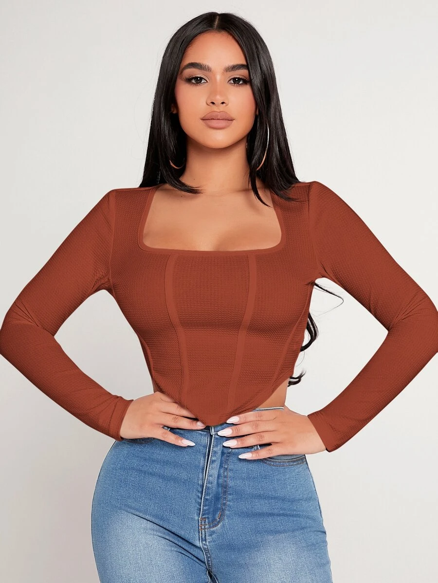 SHEIN PETITE Square Neck Asymmetrical Hem Tee - Burnt Orange - View 1