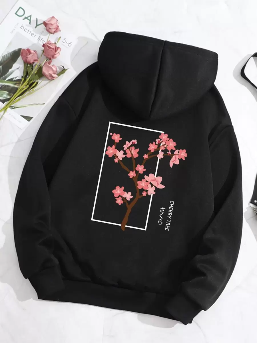 SHEIN LUNE Quần áo thể thao nữ Dây kéo Túi Hoa Lá thư Giải trí - màu đen - Xem 1