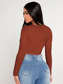 SHEIN PETITE Square Neck Asymmetrical Hem Tee - Burnt Orange - View 2