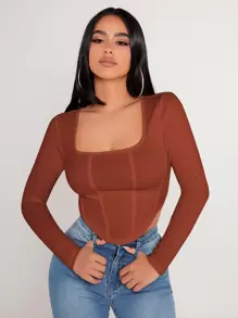 SHEIN PETITE Square Neck Asymmetrical Hem Tee - Burnt Orange - View 3