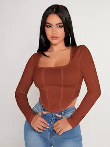 SHEIN PETITE Square Neck Asymmetrical Hem Tee - Burnt Orange - View 6