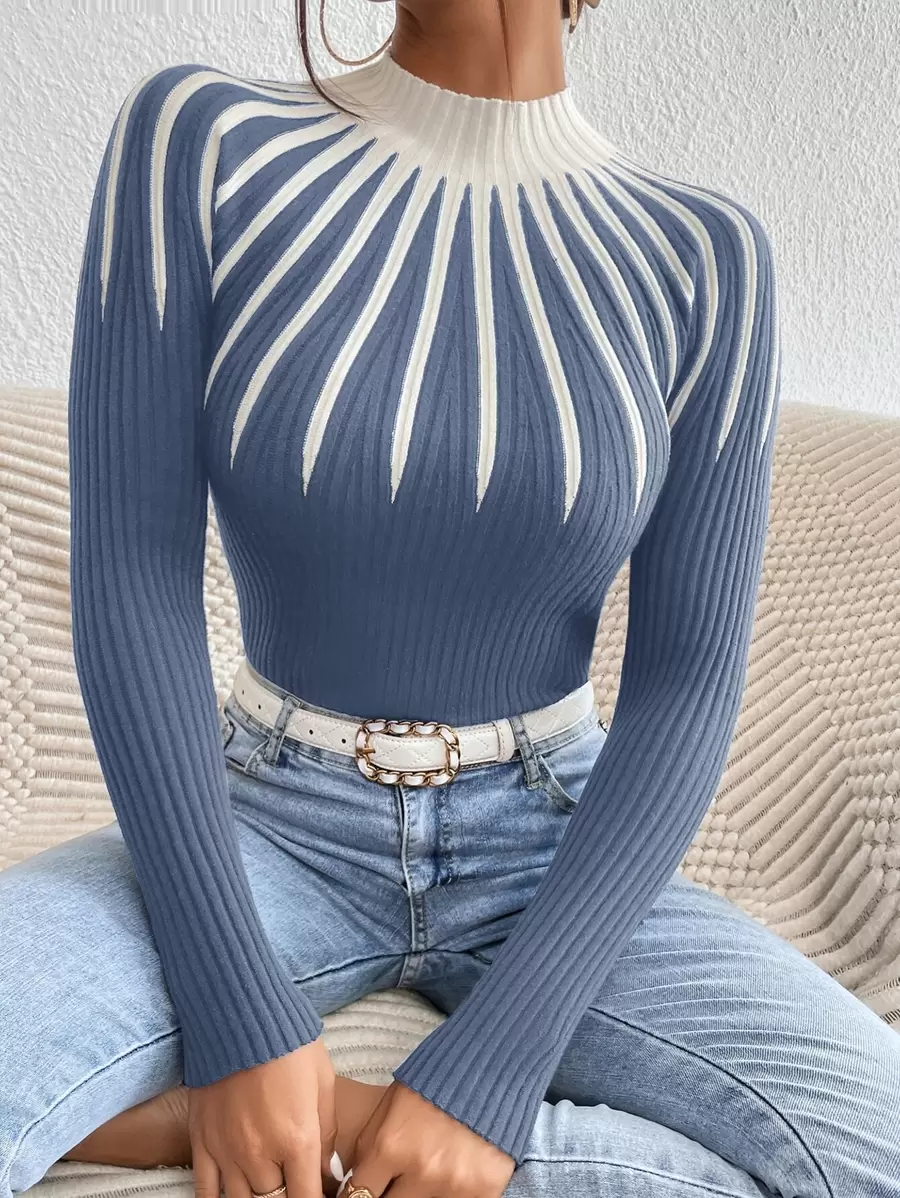 Aidyla Colourblock Mock Neck Jumper - Dusty Blue - View 1