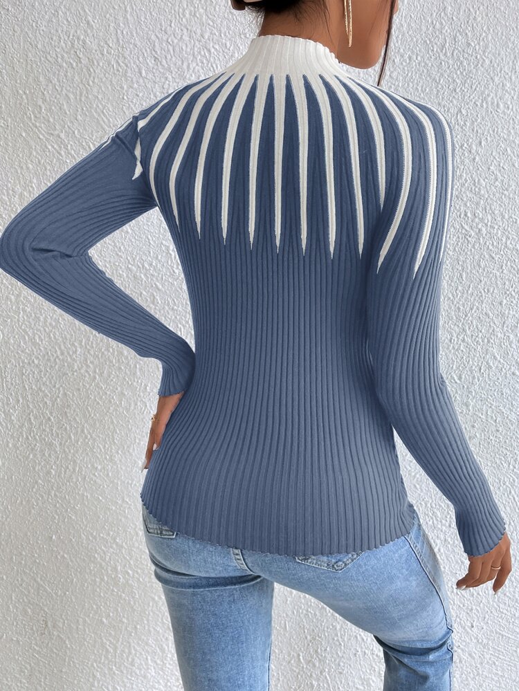 Colorblock Mock Neck Sweater,Long Sleeve Tops Knit Pullover Fall Winter Sweater
