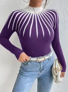 Mulvari 撞色高领针织套头衫秋冬毛衣 - 紫羅蘭色 - 查看 3