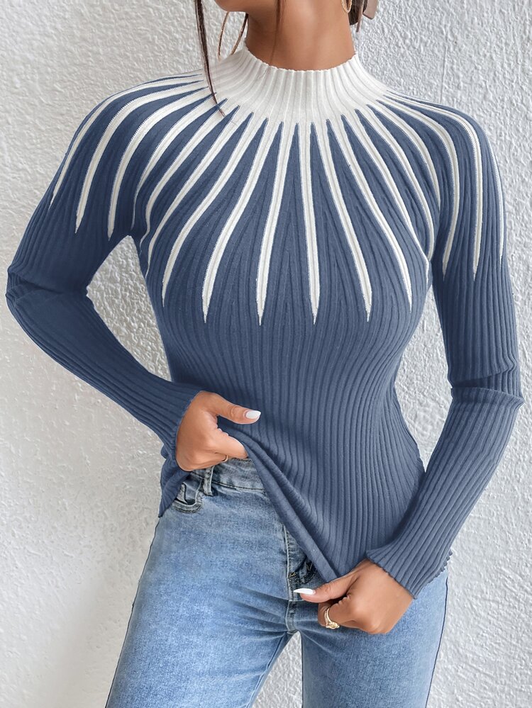 Colorblock Mock Neck Sweater,Long Sleeve Tops Knit Pullover Fall Winter Sweater