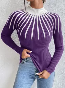 Mulvari 撞色高领针织套头衫秋冬毛衣 - 紫羅蘭色 - 查看 6