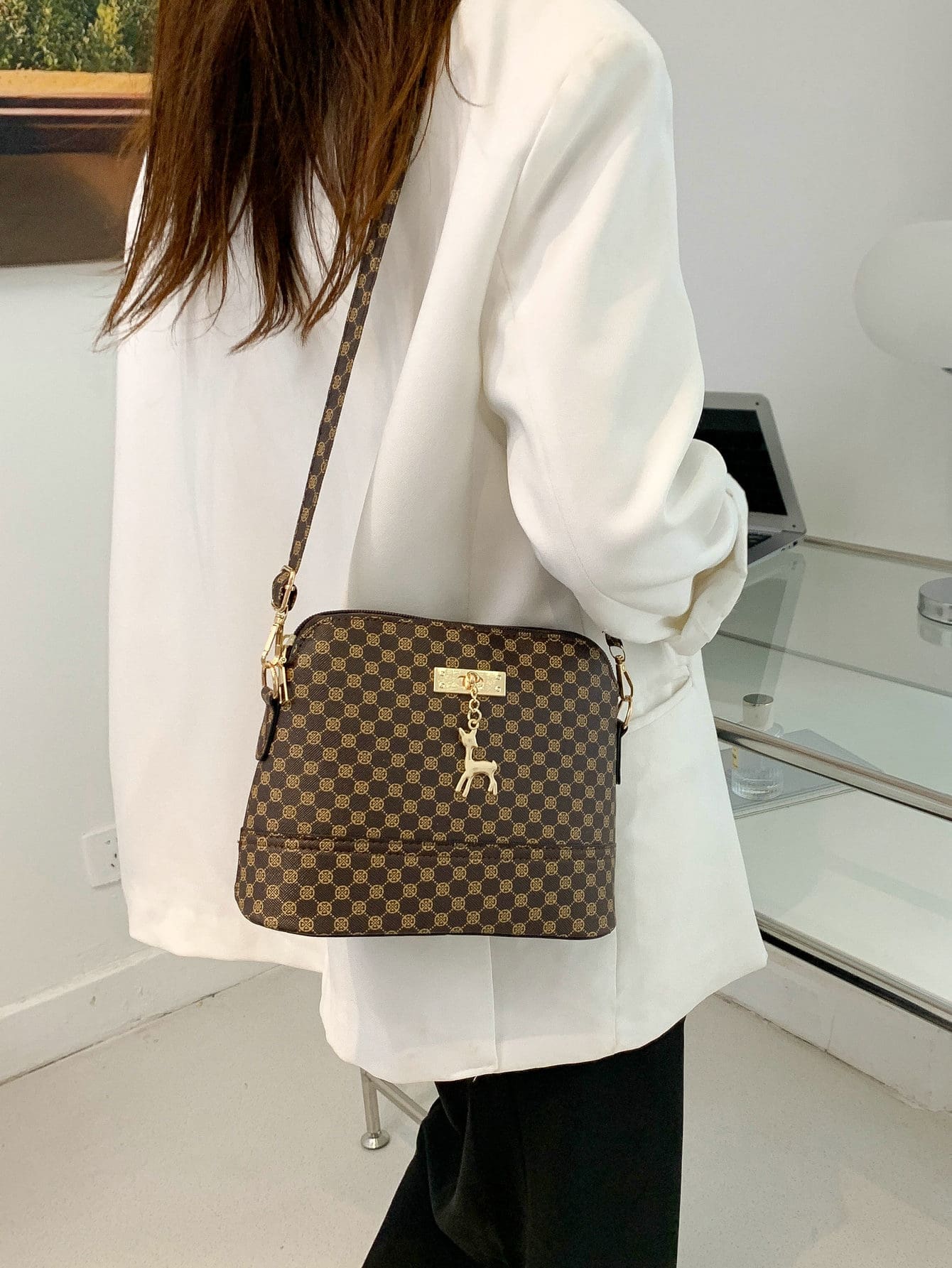 Geometric Pattern Deer Charm Dome Bag - Multicolor - View 1