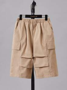 SHEIN 男孩彈性腰帶工裝短褲 - 卡其色 - 查看 3