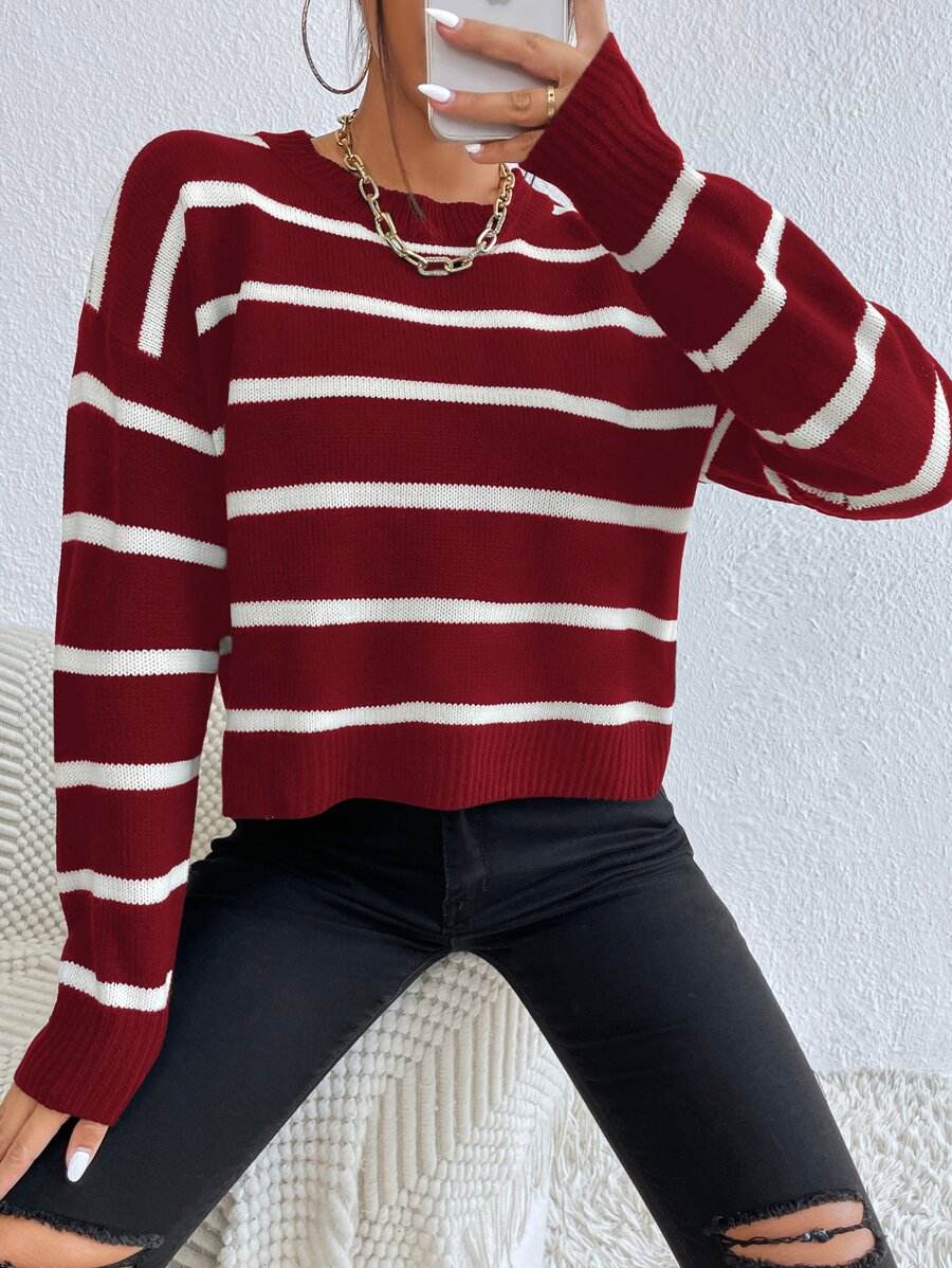 SHEIN Unity Striped Drop Shoulder Jumper - Burgundy - View 1
