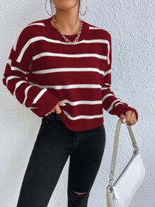 SHEIN Unity Striped Drop Shoulder Jumper - Burgundy - View 2