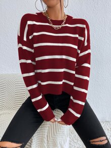 SHEIN Unity Striped Drop Shoulder Jumper - Burgundy - View 3