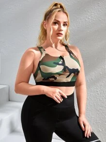 Plus Camo Print Zip Front Sports Bra - Multicolor - View 5