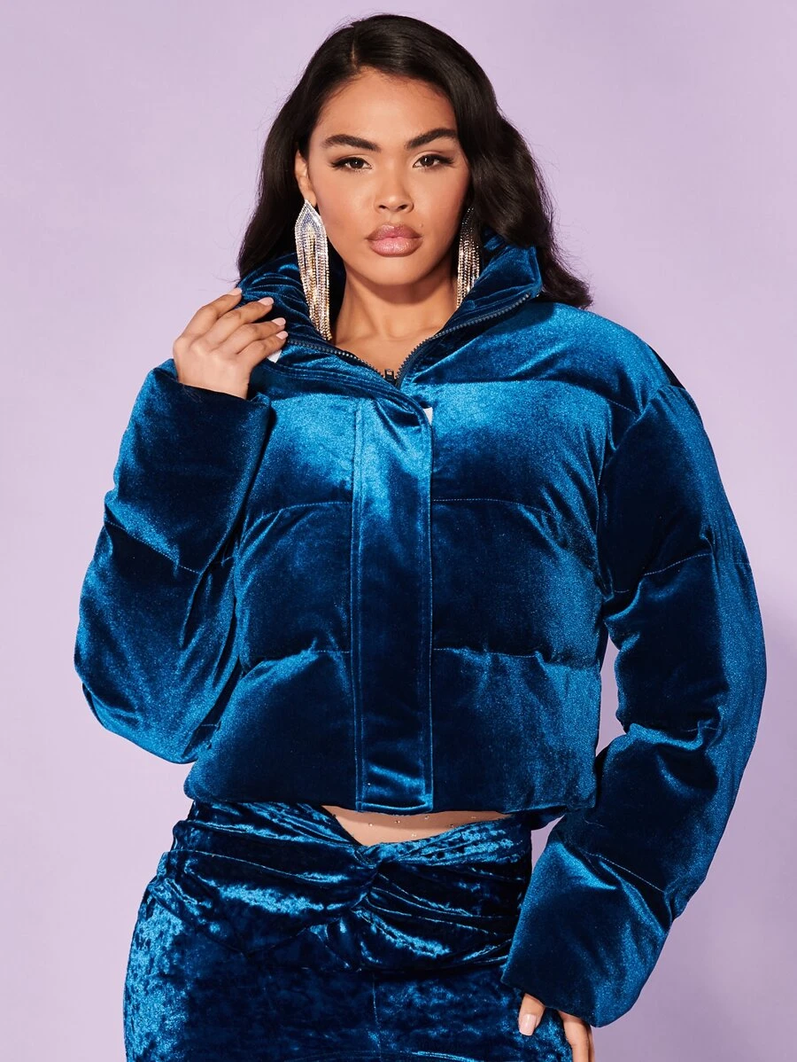 SHEIN BAE Funnel Neck Velour Padded Coat - Blue - View 1