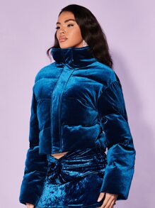 SHEIN BAE Funnel Neck Velour Padded Coat - Blue - View 5