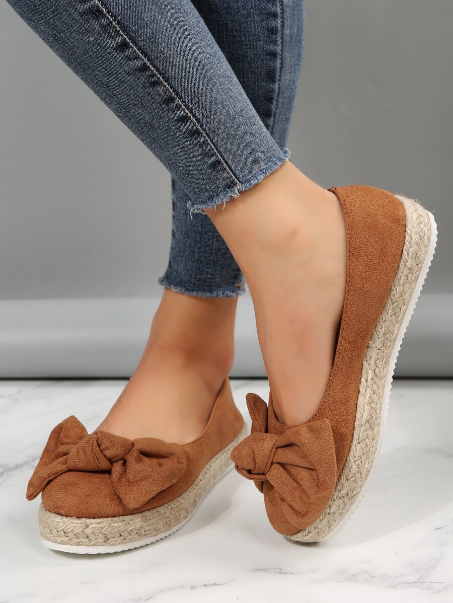 Bow Decor Faux Suede Espadrille Flats - Brown - View 1
