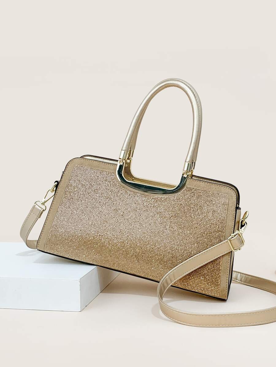 Mini Glitter Rhinestone Decor Square Bag - Gold - View 1