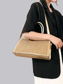 Mini Glitter Rhinestone Decor Square Bag - Gold - View 8