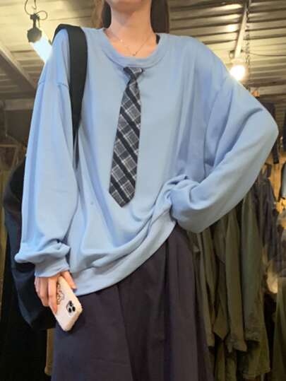 Solid Drop Shoulder Oversized Pullover With Necktie