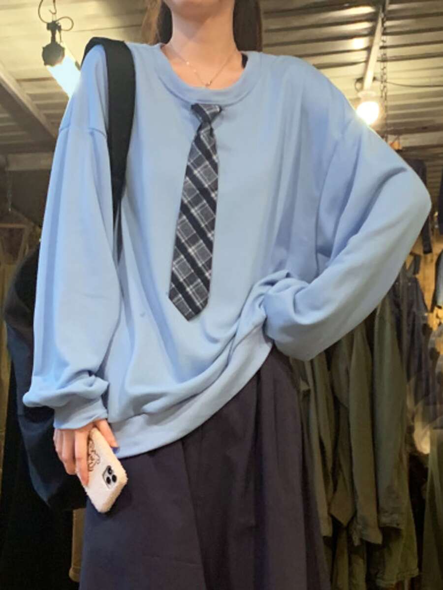Solid Drop Shoulder Oversized Pullover With Necktie - Blue - View 1