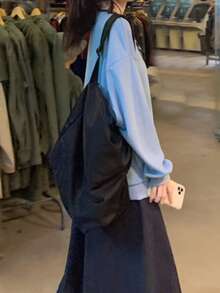 Solid Drop Shoulder Oversized Pullover With Necktie - Blue - View 2